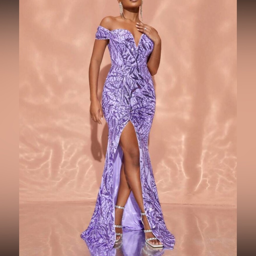 Luxe off shoulder slit thigh party formal evening gown dress